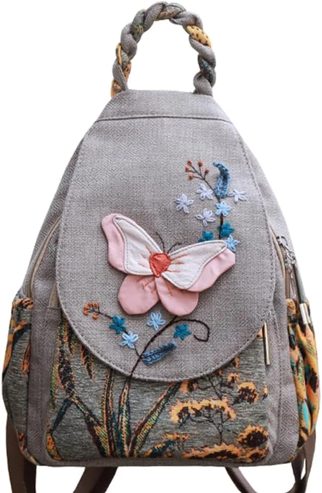 Small backpack Lady Retro Canvas tote daily use for travel work, handmade purse, butterfly literary personality backpack