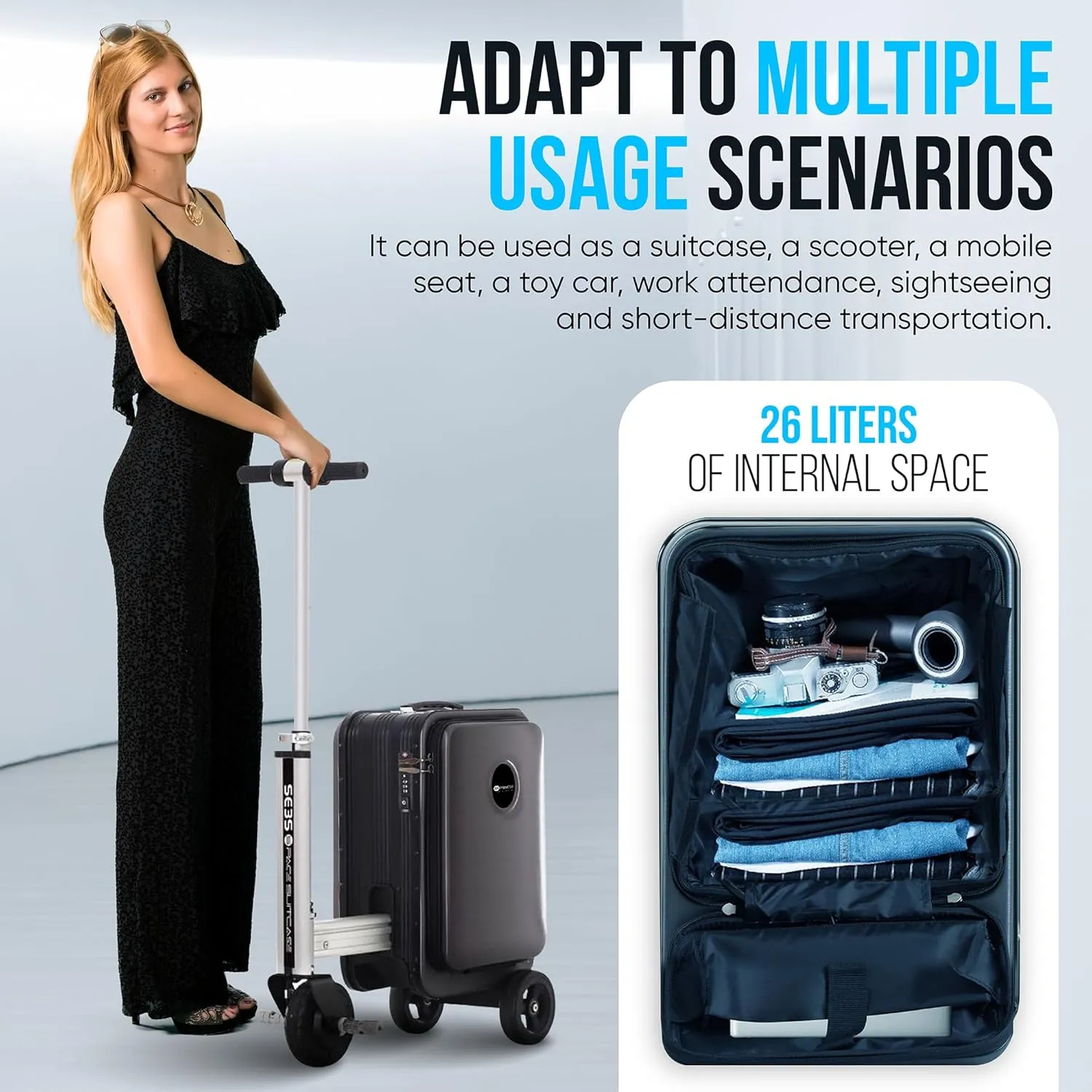 Smart Rideable Suitcase 26L, Lightweight Electric Luggage Scooter For Travel With Digital Lock, Waterproof And Lightweight (Silver)