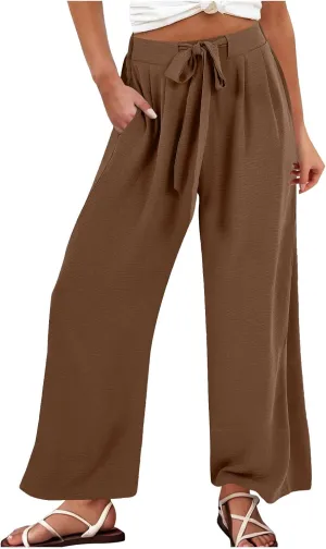 Solid Cotton Linen Pants for Women Wide Leg Drawstring Elastic High Waist Pant Casual Summer Relax Trousers
