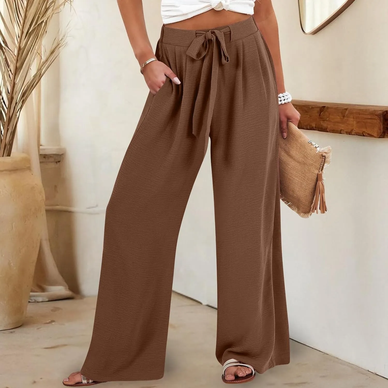 Solid Cotton Linen Pants for Women Wide Leg Drawstring Elastic High Waist Pant Casual Summer Relax Trousers