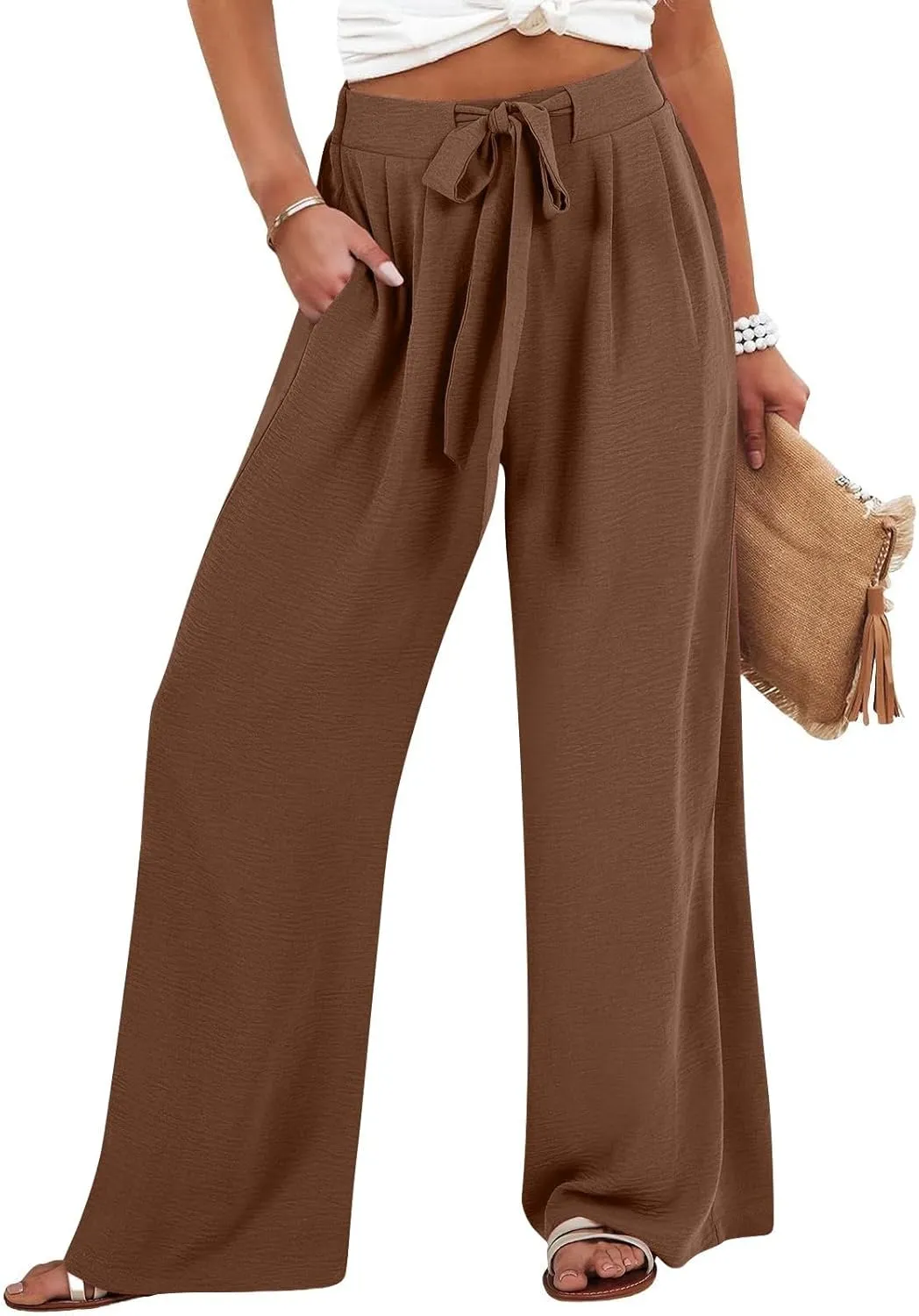 Solid Cotton Linen Pants for Women Wide Leg Drawstring Elastic High Waist Pant Casual Summer Relax Trousers