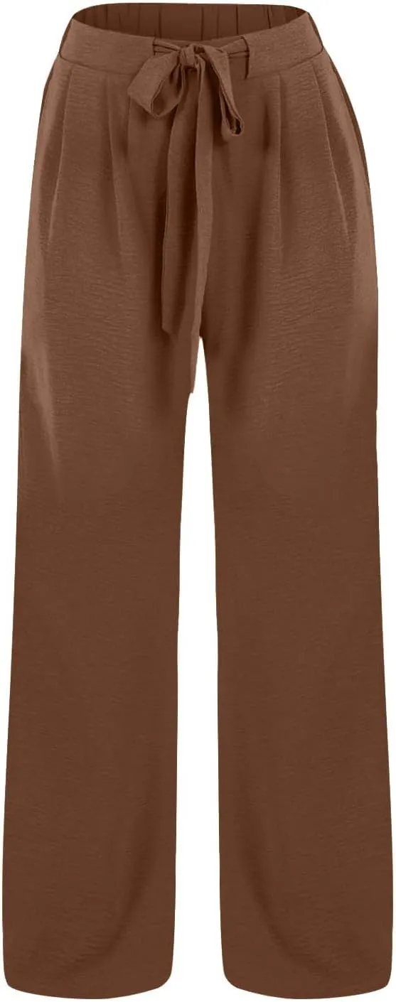 Solid Cotton Linen Pants for Women Wide Leg Drawstring Elastic High Waist Pant Casual Summer Relax Trousers