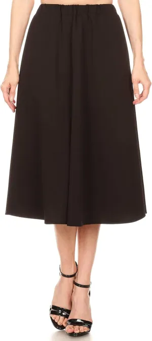 Solid Print Casual Comfy Elastic Waistband A-line Knee Midi Skirt/Made in USA Black M
