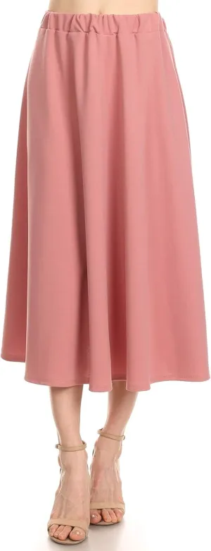Solid Print Casual Comfy Elastic Waistband A-line Knee Midi Skirt/Made in USA Dusty Rose XL