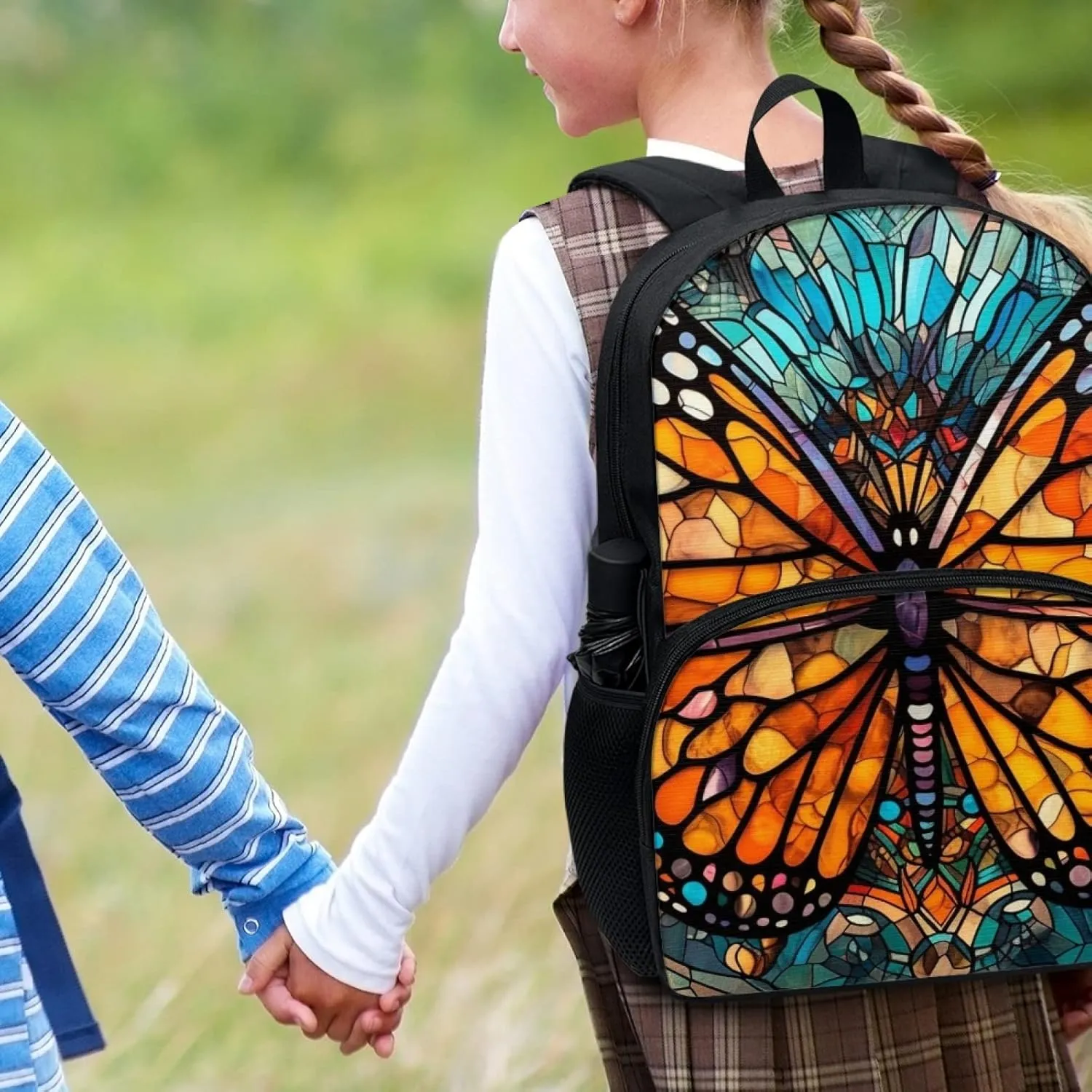 Stained Glass Butterflies Backpacks Outdoor Travel Lightweight Cute Monarch Butterfly Bookbag Girls Boys Teenagers Laptop Compartments School Bag Orange Blue