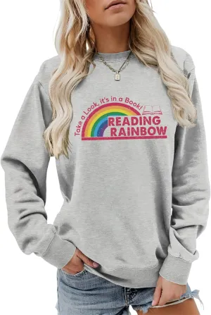Teacher Sweatshirts for Women Take a Look It's in a Book Lovers Shirt Reading Rainbow Graphic Tees Cute Fall Tops