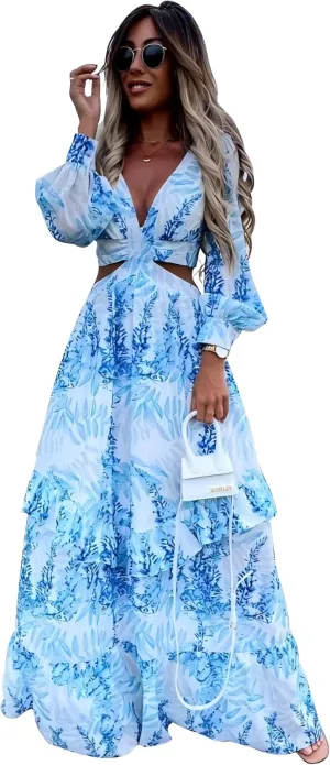 Temperament Women's Hollow v-Neck Long-Sleeved Plant Dress Long Skirt Spring and Summer Printed v-Neck Long-Sleeved Dress