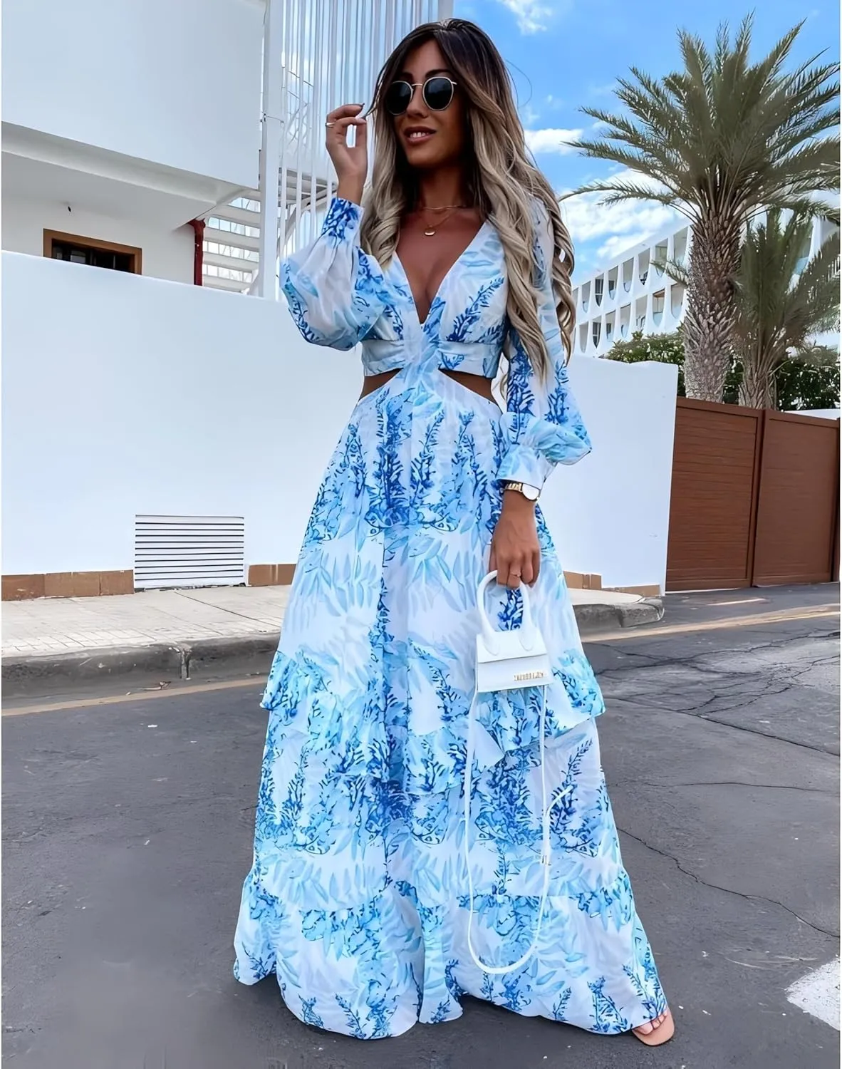 Temperament Women's Hollow v-Neck Long-Sleeved Plant Dress Long Skirt Spring and Summer Printed v-Neck Long-Sleeved Dress