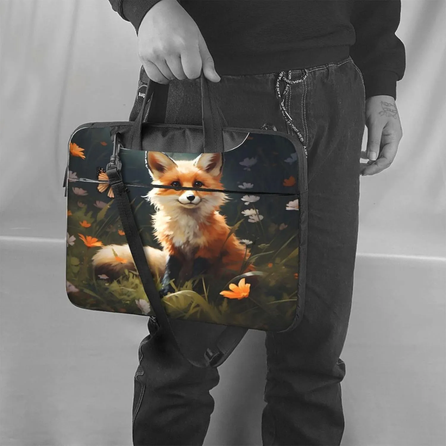 Thin Laptop Bag Floral Artistic Fox Painting Laptop Sleeve Case For Men Women Lightweight Computer Messenger Bag