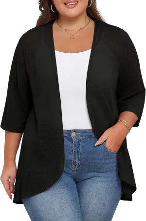 TIANZHU Women's Summer Plus Size Cardigan 3/4 Sleeve Blazer Knit Lightweight Cover Up XL-4XL