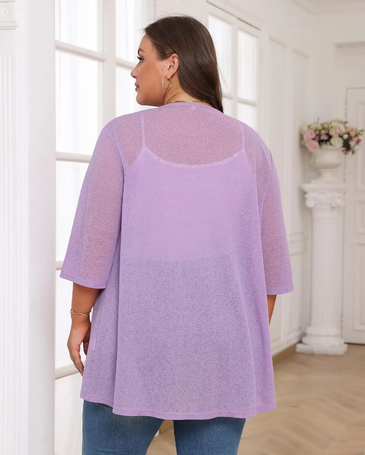 TIANZHU Women's Summer Plus Size Cardigan 3/4 Sleeve Blazer Knit Lightweight Cover Up XL-4XL