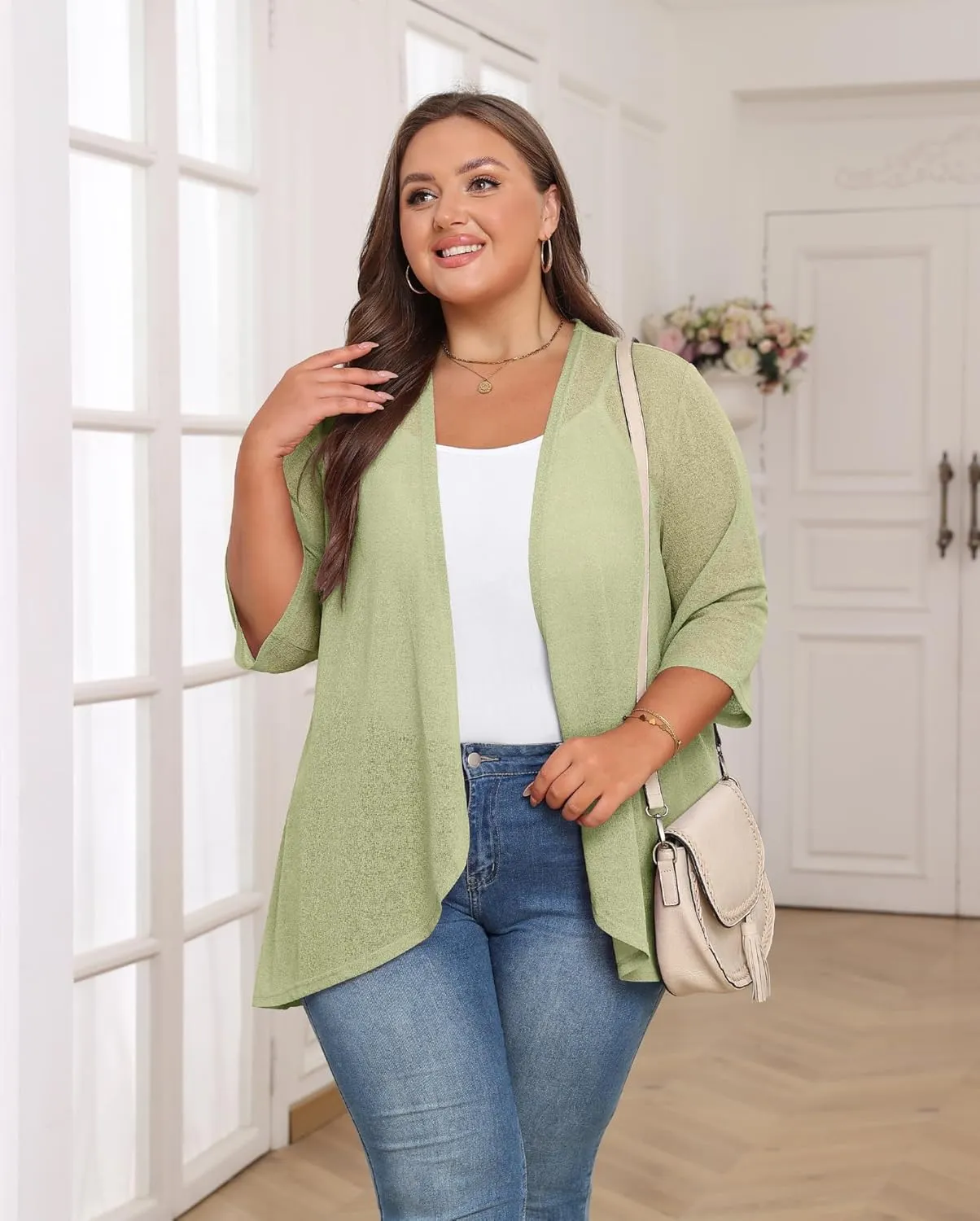 TIANZHU Women's Summer Plus Size Cardigan 3/4 Sleeve Blazer Knit Lightweight Cover Up XL-4XL