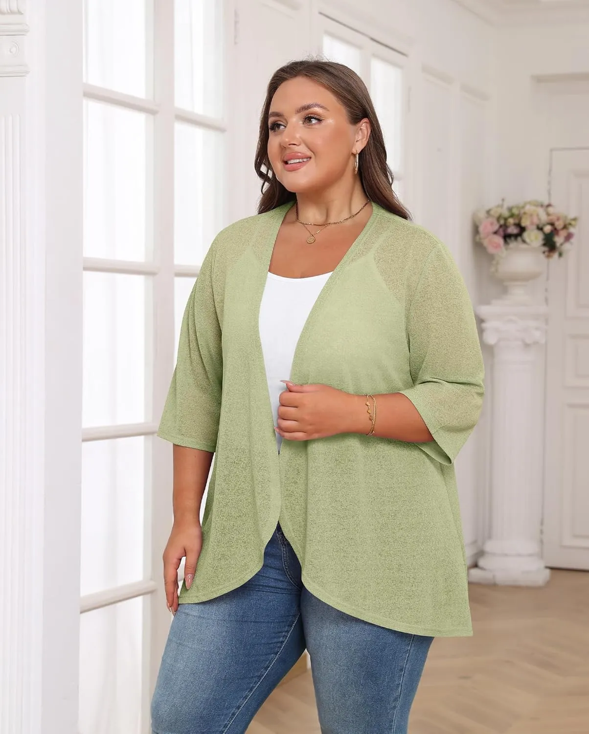 TIANZHU Women's Summer Plus Size Cardigan 3/4 Sleeve Blazer Knit Lightweight Cover Up XL-4XL