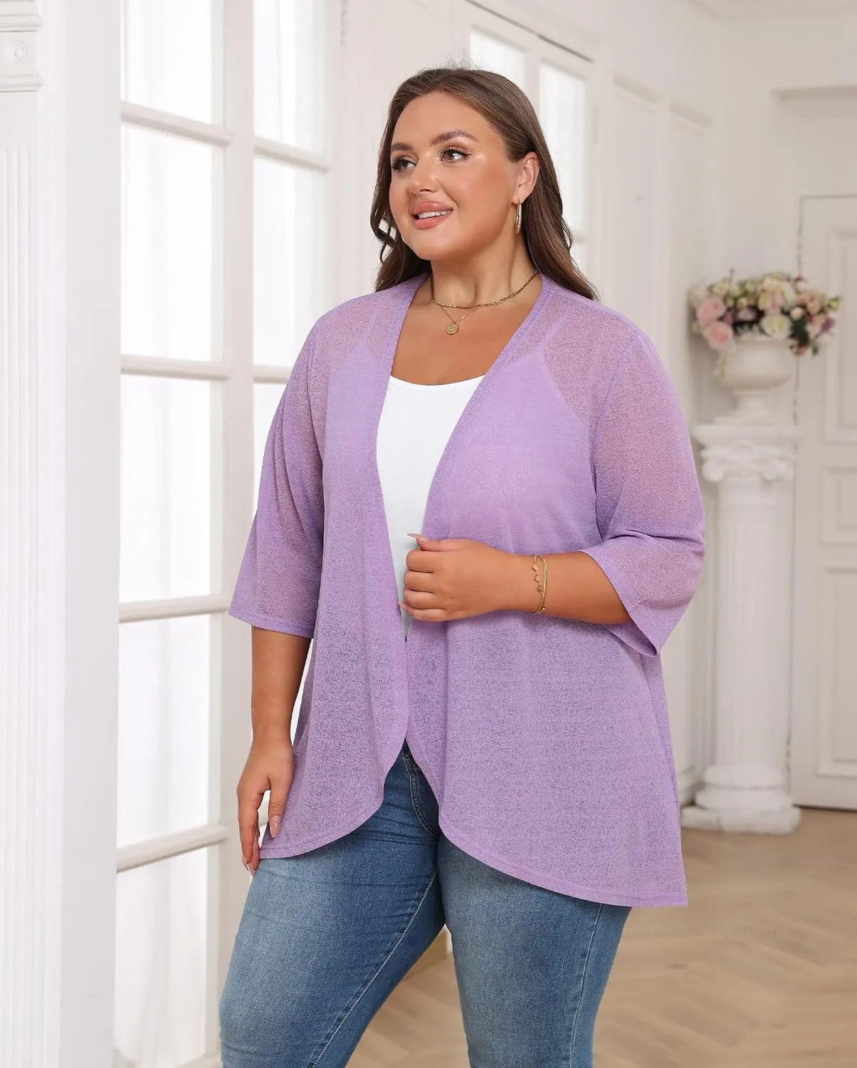 TIANZHU Women's Summer Plus Size Cardigan 3/4 Sleeve Blazer Knit Lightweight Cover Up XL-4XL