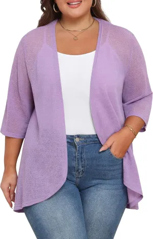 TIANZHU Women's Summer Plus Size Cardigan 3/4 Sleeve Blazer Knit Lightweight Cover Up XL-4XL