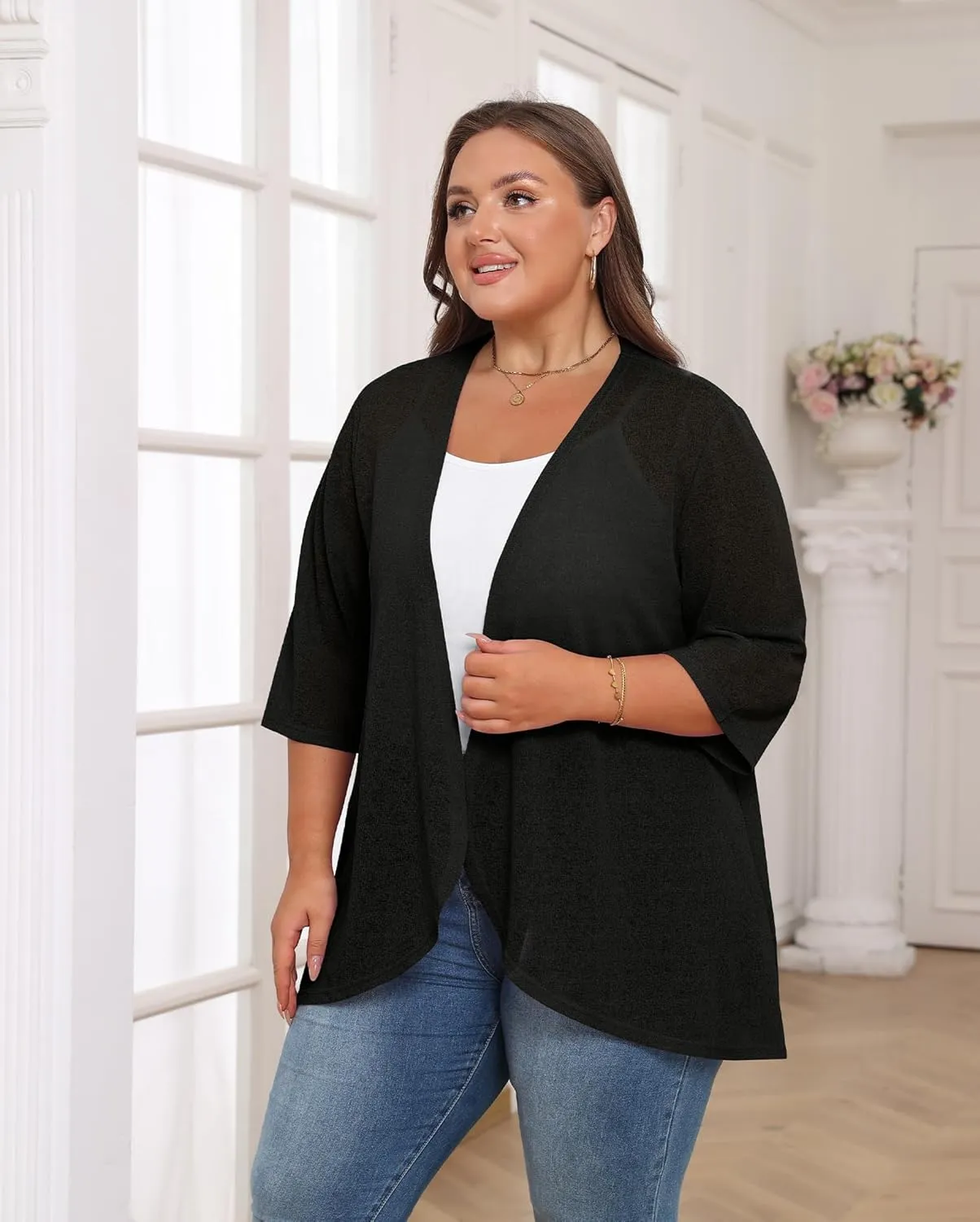 TIANZHU Women's Summer Plus Size Cardigan 3/4 Sleeve Blazer Knit Lightweight Cover Up XL-4XL