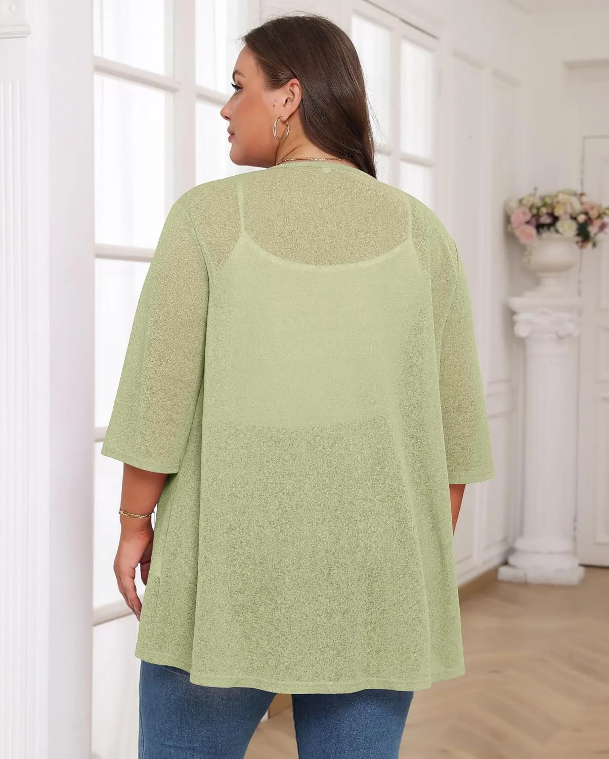 TIANZHU Women's Summer Plus Size Cardigan 3/4 Sleeve Blazer Knit Lightweight Cover Up XL-4XL