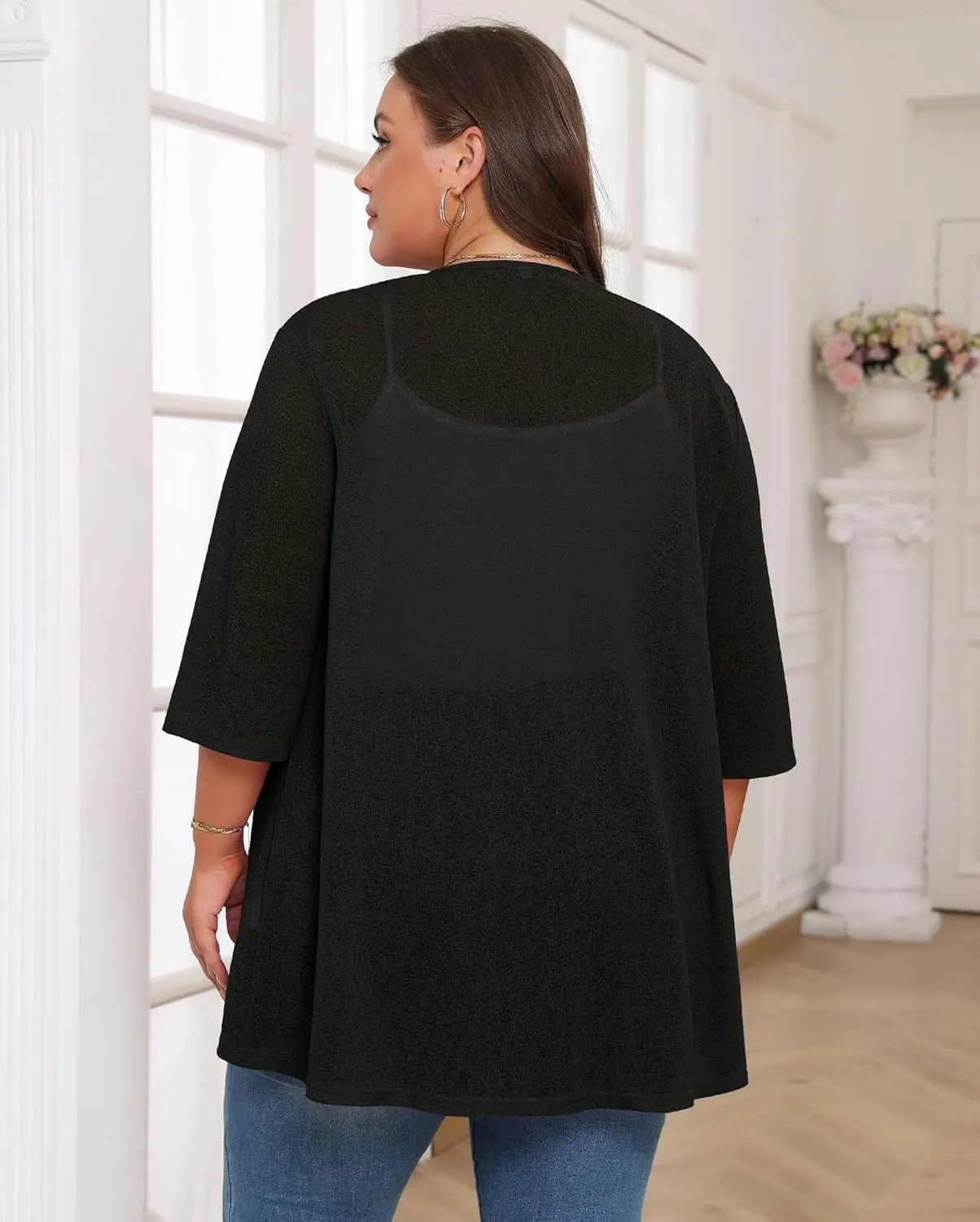 TIANZHU Women's Summer Plus Size Cardigan 3/4 Sleeve Blazer Knit Lightweight Cover Up XL-4XL