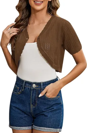 Totatuit Women's Short Sleeve Cropped Cardigan Open Front Bolero Shrugs for Dresses Crochet Button Down Sweaters