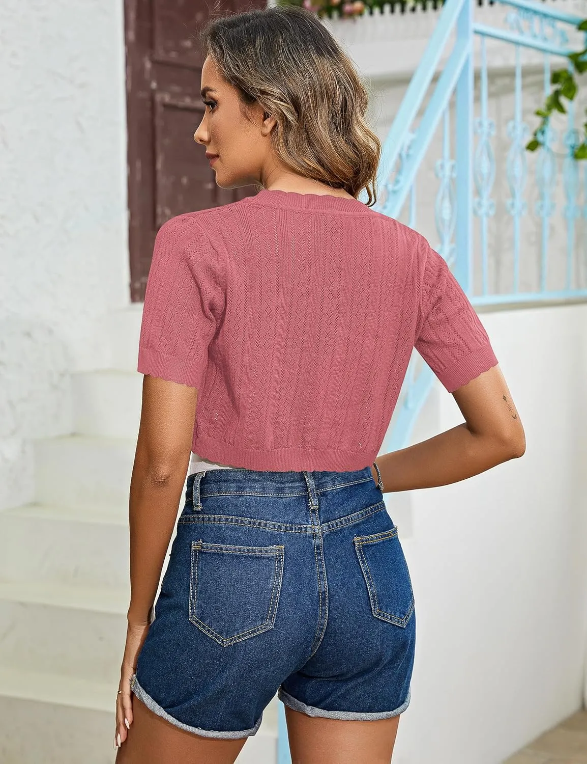 Totatuit Women's Short Sleeve Cropped Cardigan Open Front Bolero Shrugs for Dresses Crochet Button Down Sweaters