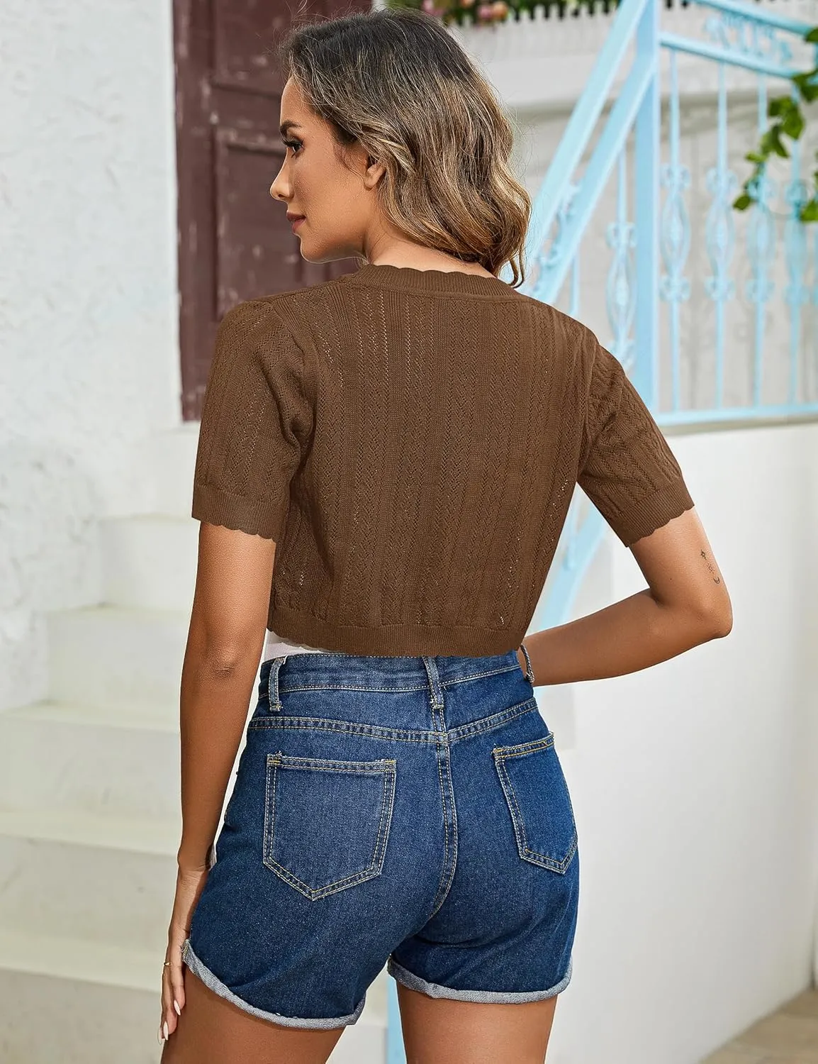 Totatuit Women's Short Sleeve Cropped Cardigan Open Front Bolero Shrugs for Dresses Crochet Button Down Sweaters