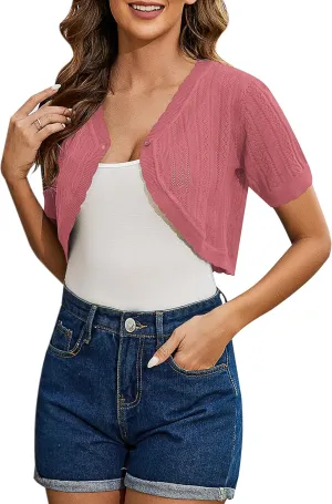 Totatuit Women's Short Sleeve Cropped Cardigan Open Front Bolero Shrugs for Dresses Crochet Button Down Sweaters