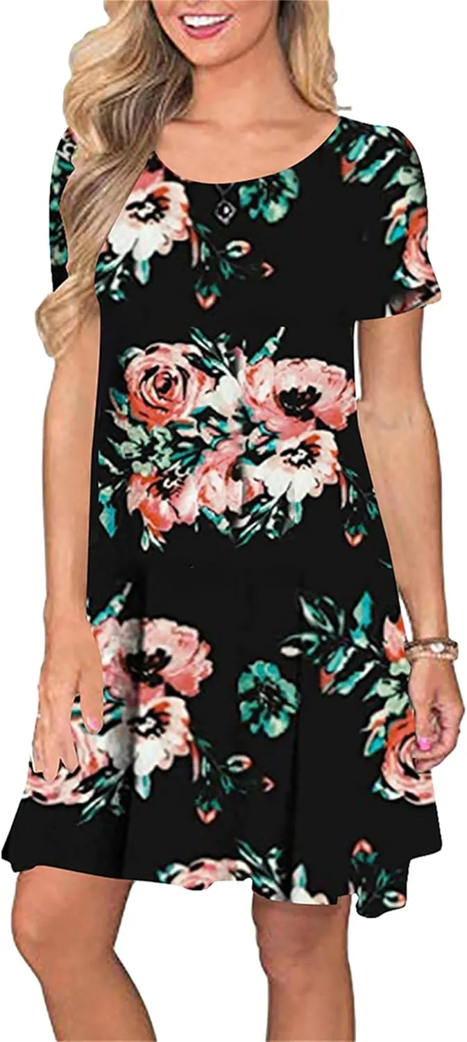 TYQQU Women's Casual Summer Floral Print Tee Shirt Flowy Comfy Dresses Short Sleeve Swing Sundress with Pockets