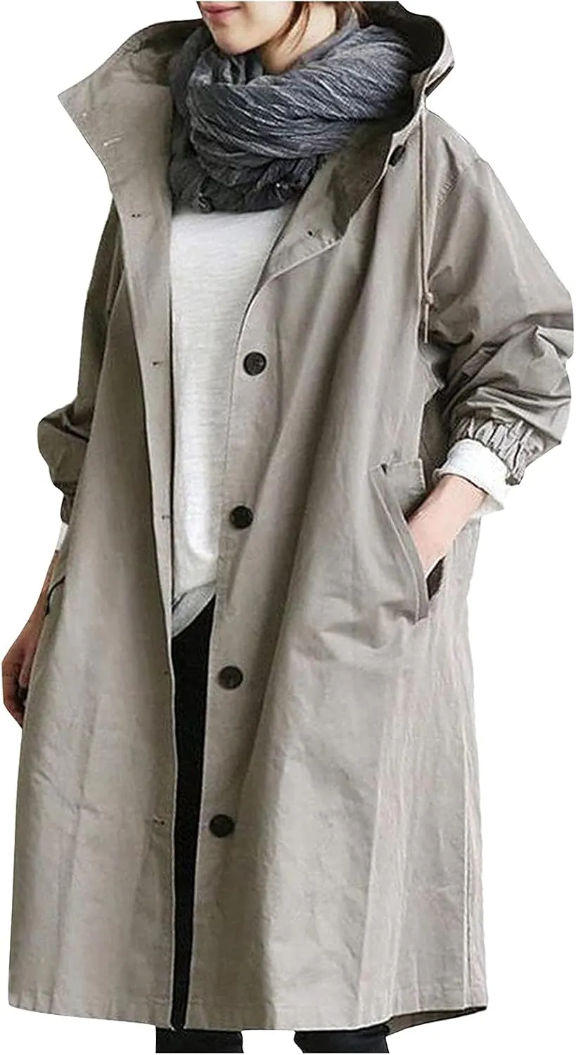 UOFOCO Womens Anorak Rain Coat with Hood Waterproof Plus Size Long Rain Jacket Trench Coat Windbreaker for Women