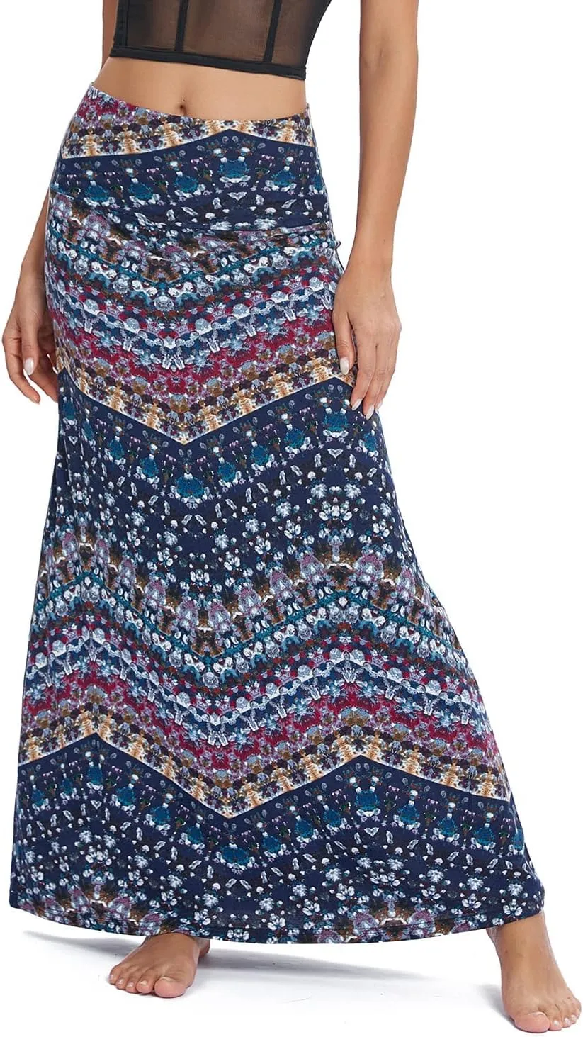 Urban CoCo Women's Stylish Spandex Comfy Fold-Over Flare Long Maxi Skirt