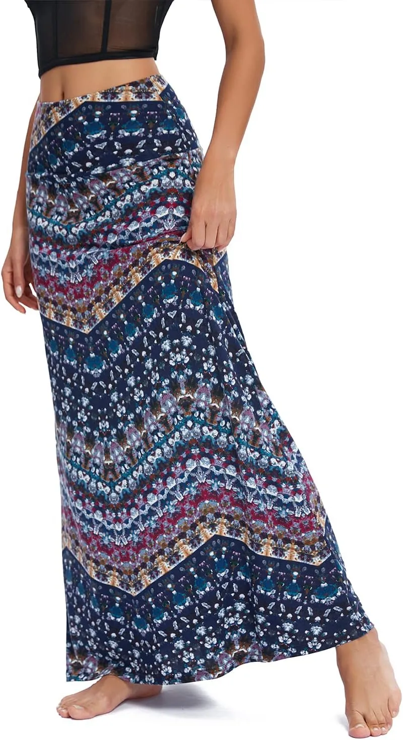 Urban CoCo Women's Stylish Spandex Comfy Fold-Over Flare Long Maxi Skirt
