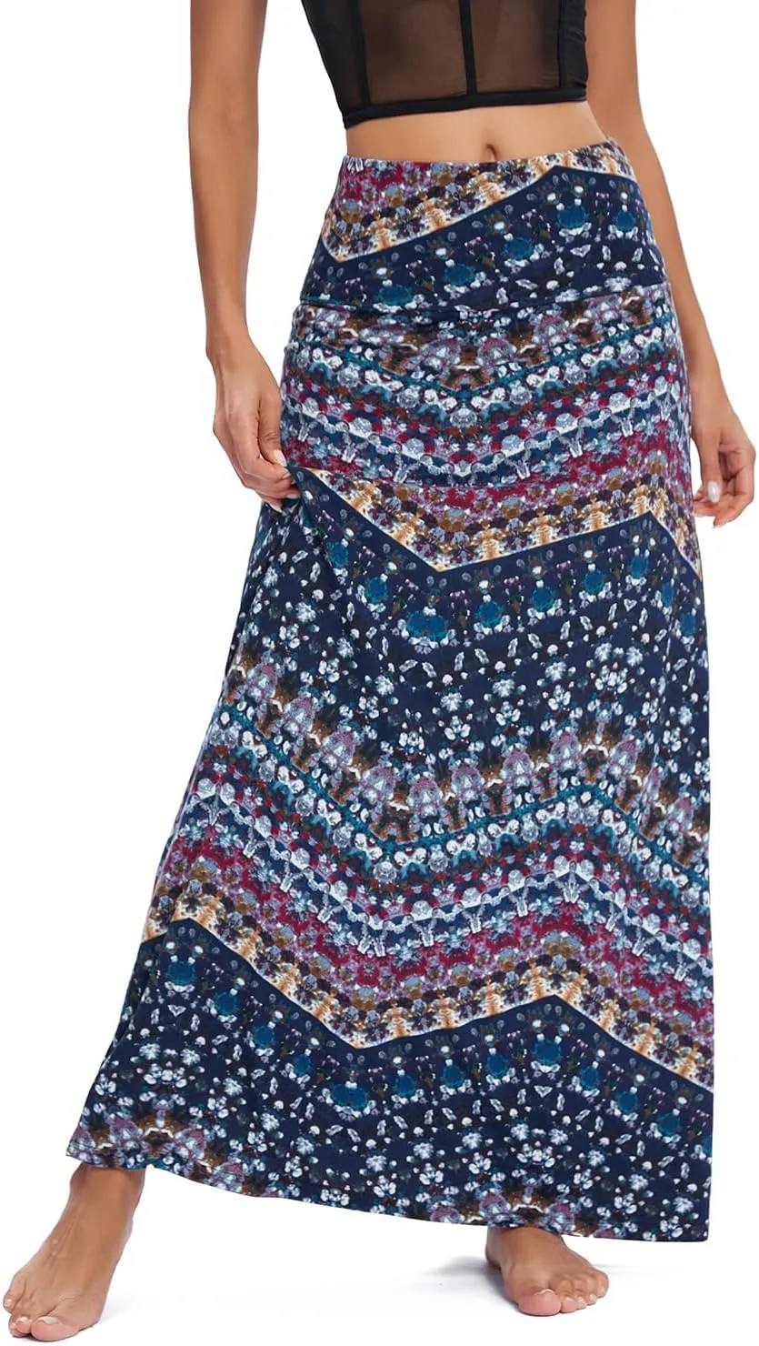 Urban CoCo Women's Stylish Spandex Comfy Fold-Over Flare Long Maxi Skirt