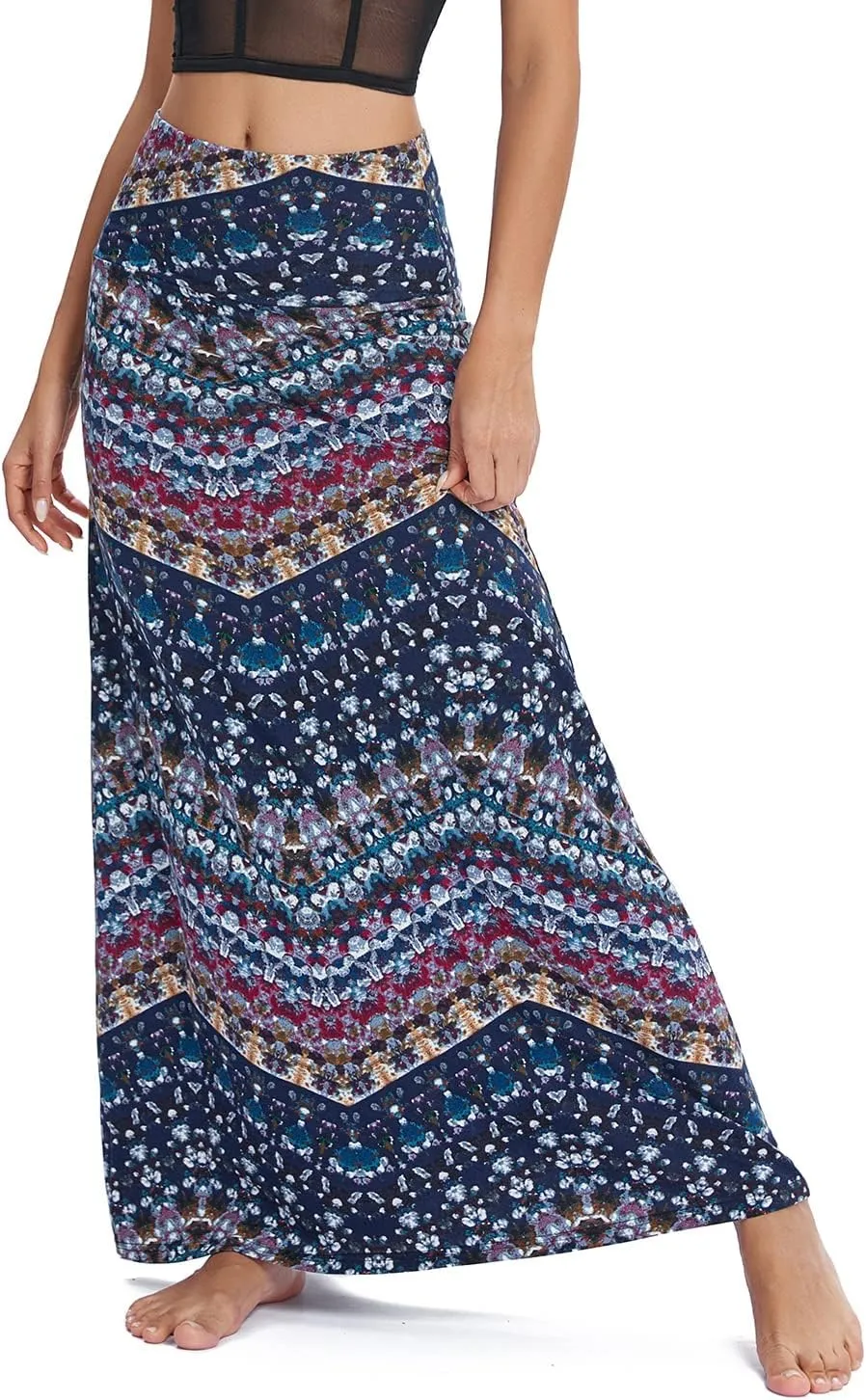 Urban CoCo Women's Stylish Spandex Comfy Fold-Over Flare Long Maxi Skirt