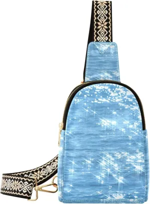 VIGTRO Small Sling Bag Shining Artistic Blue Lake Fanny Pack for Women Men, Leather Chest Bag with Adjustable Strap
