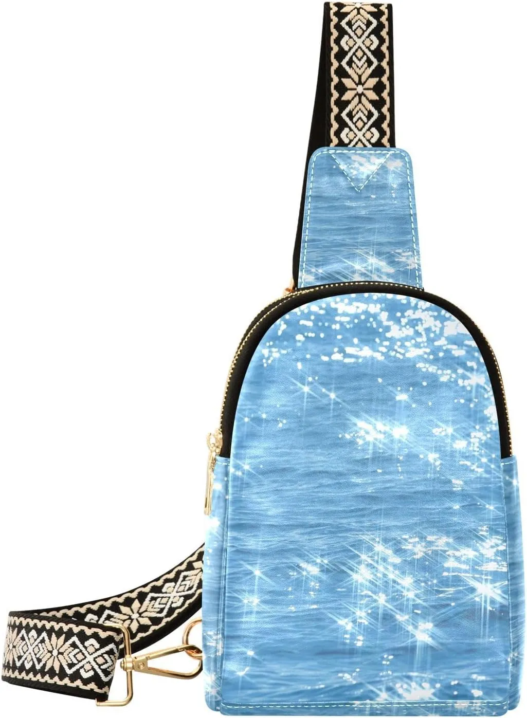 VIGTRO Small Sling Bag Shining Artistic Blue Lake Fanny Pack for Women Men, Leather Chest Bag with Adjustable Strap