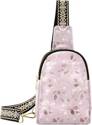 VIGTRO Small Sling Bag Shining Artistic Pink Floral Fanny Pack for Women Men, Leather Chest Bag with Adjustable Strap