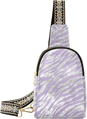 VIGTRO Small Sling Bag Sparkling Artistic Zebra Purple Fanny Pack for Women Men, Leather Chest Bag with Adjustable Strap
