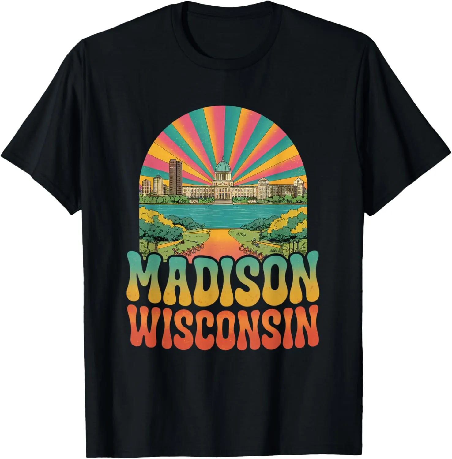 Vintage Madison Wisconsin Sunset Skyline Cityscape Retro T-Shirt