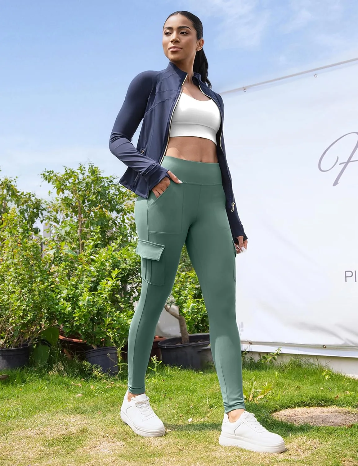 VOOVEEYA High Waisted Workout Leggings with Pockets for Women 28'', Cargo Yoga Pants Tummy Control Athletic Pants Full Length