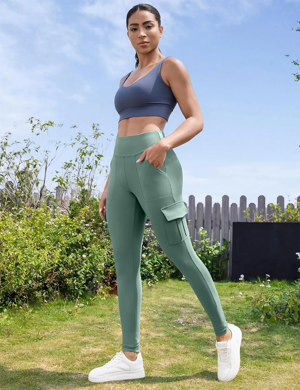 VOOVEEYA High Waisted Workout Leggings with Pockets for Women 28'', Cargo Yoga Pants Tummy Control Athletic Pants Full Length