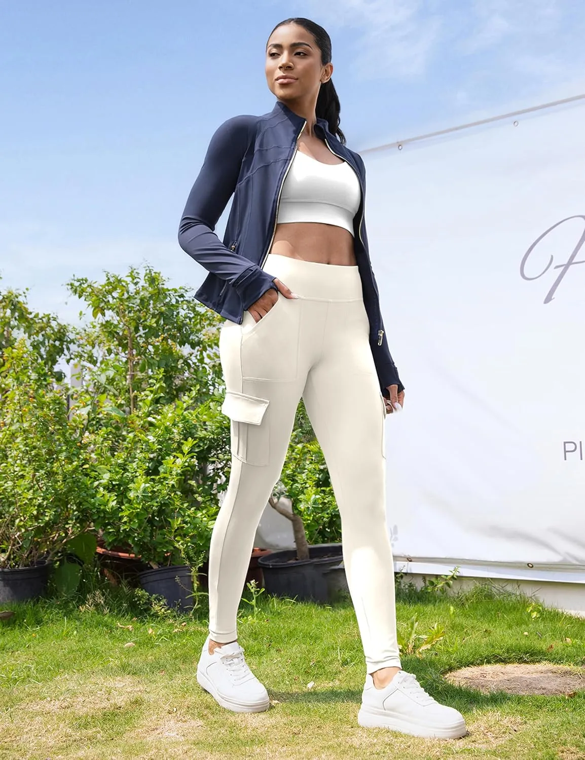 VOOVEEYA High Waisted Workout Leggings with Pockets for Women 28'', Cargo Yoga Pants Tummy Control Athletic Pants Full Length