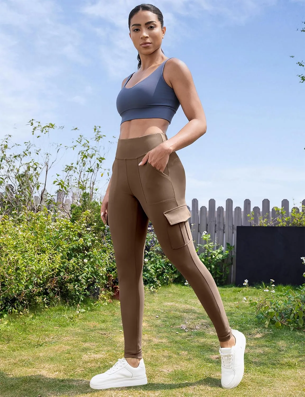 VOOVEEYA High Waisted Workout Leggings with Pockets for Women 28'', Cargo Yoga Pants Tummy Control Athletic Pants Full Length