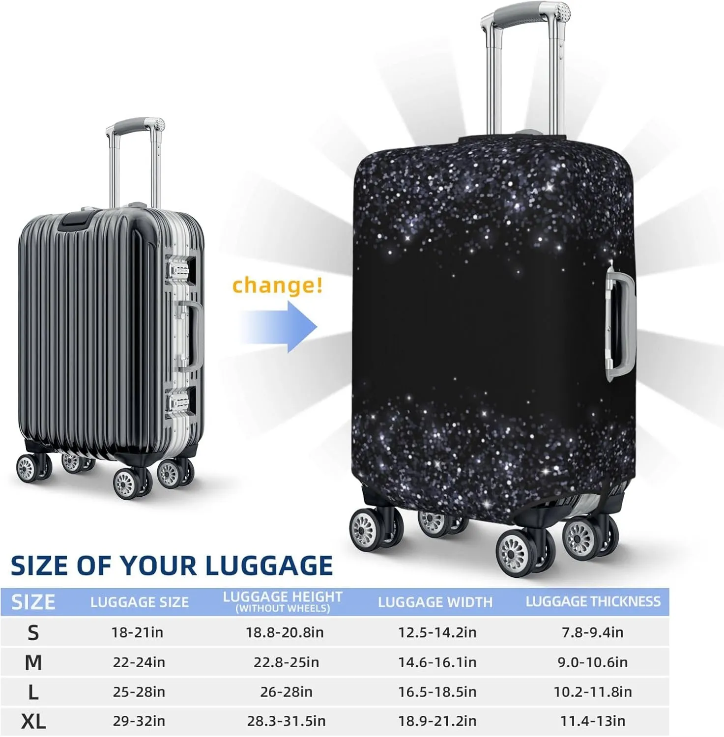 VOSERY Luggage Cover Protector Suitcase Cover - Black Silver Glitter Border High Elasticity Suitcase Covers Protector for Luggage (No Luggage)