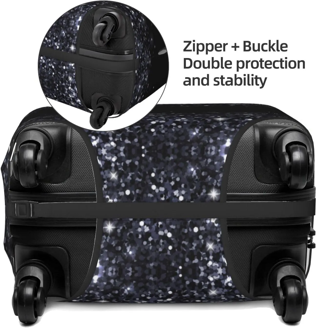 VOSERY Luggage Cover Protector Suitcase Cover - Black Silver Glitter Border High Elasticity Suitcase Covers Protector for Luggage (No Luggage)