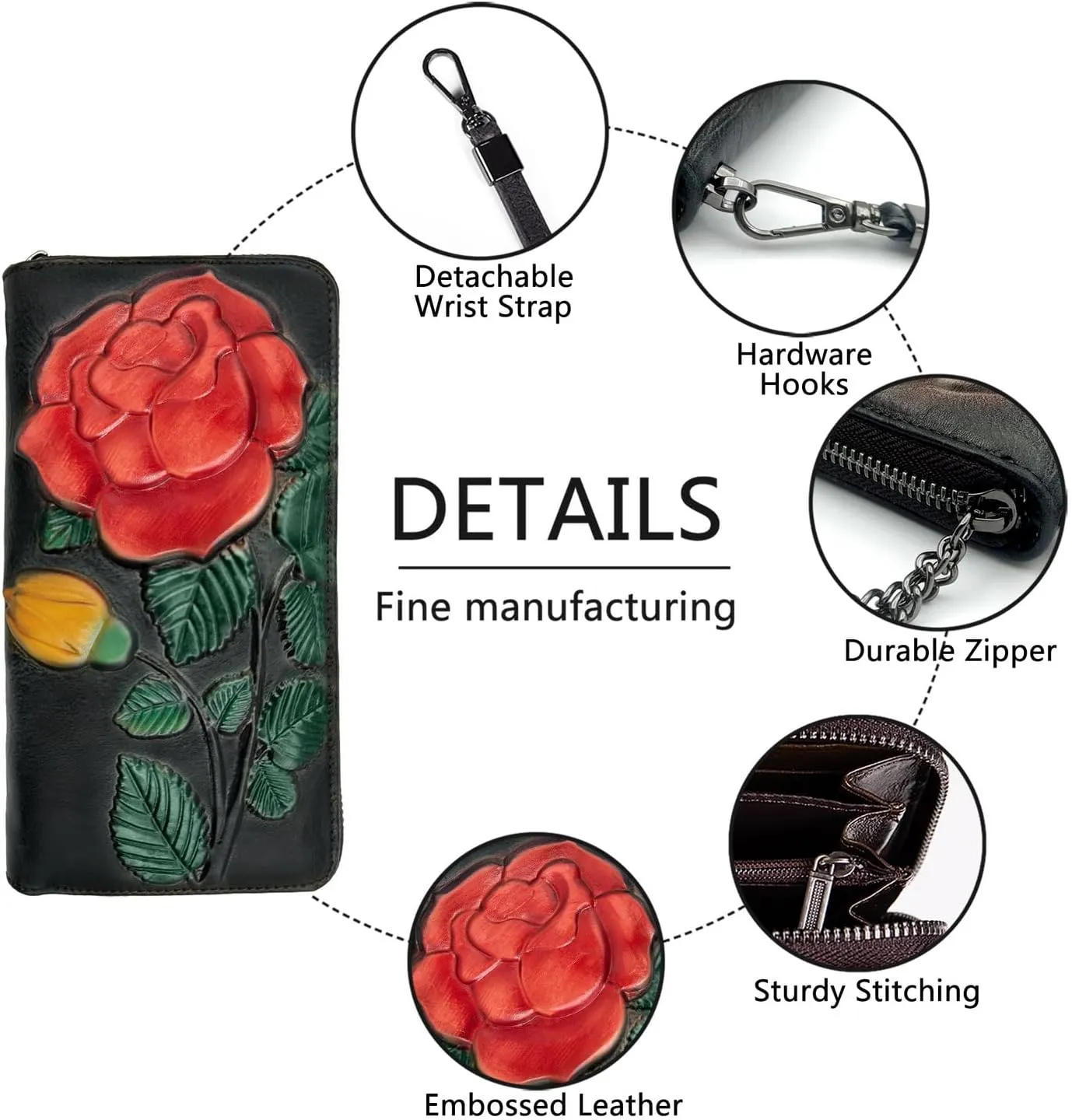 Wallet Genuine Leather for Women - with RFID Blocking Card checkbook ID Slot Large Capacity Vintage style (big rose black)