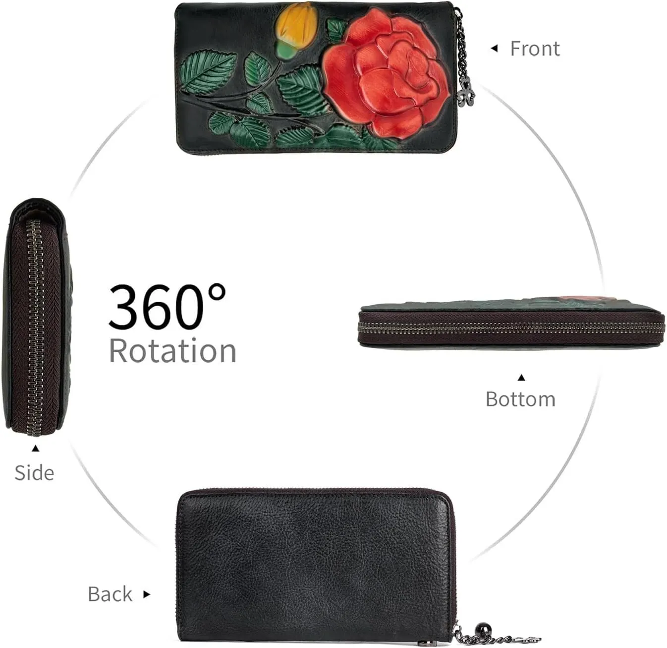 Wallet Genuine Leather for Women - with RFID Blocking Card checkbook ID Slot Large Capacity Vintage style (big rose black)