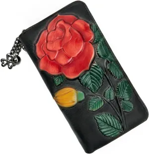 Wallet Genuine Leather for Women - with RFID Blocking Card checkbook ID Slot Large Capacity Vintage style (big rose black)