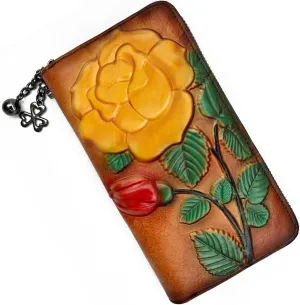 Wallet Genuine Leather for Women - with RFID Blocking Card checkbook ID Slot Large Capacity Vintage style (big rose brown)