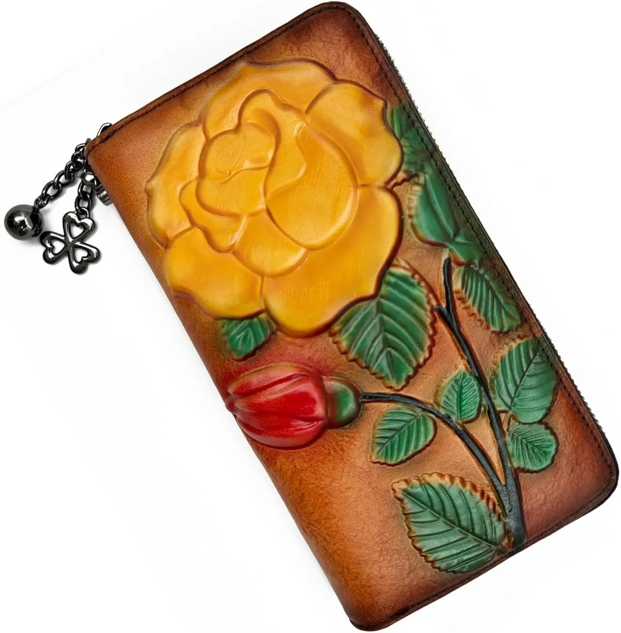 Wallet Genuine Leather for Women - with RFID Blocking Card checkbook ID Slot Large Capacity Vintage style (big rose brown)