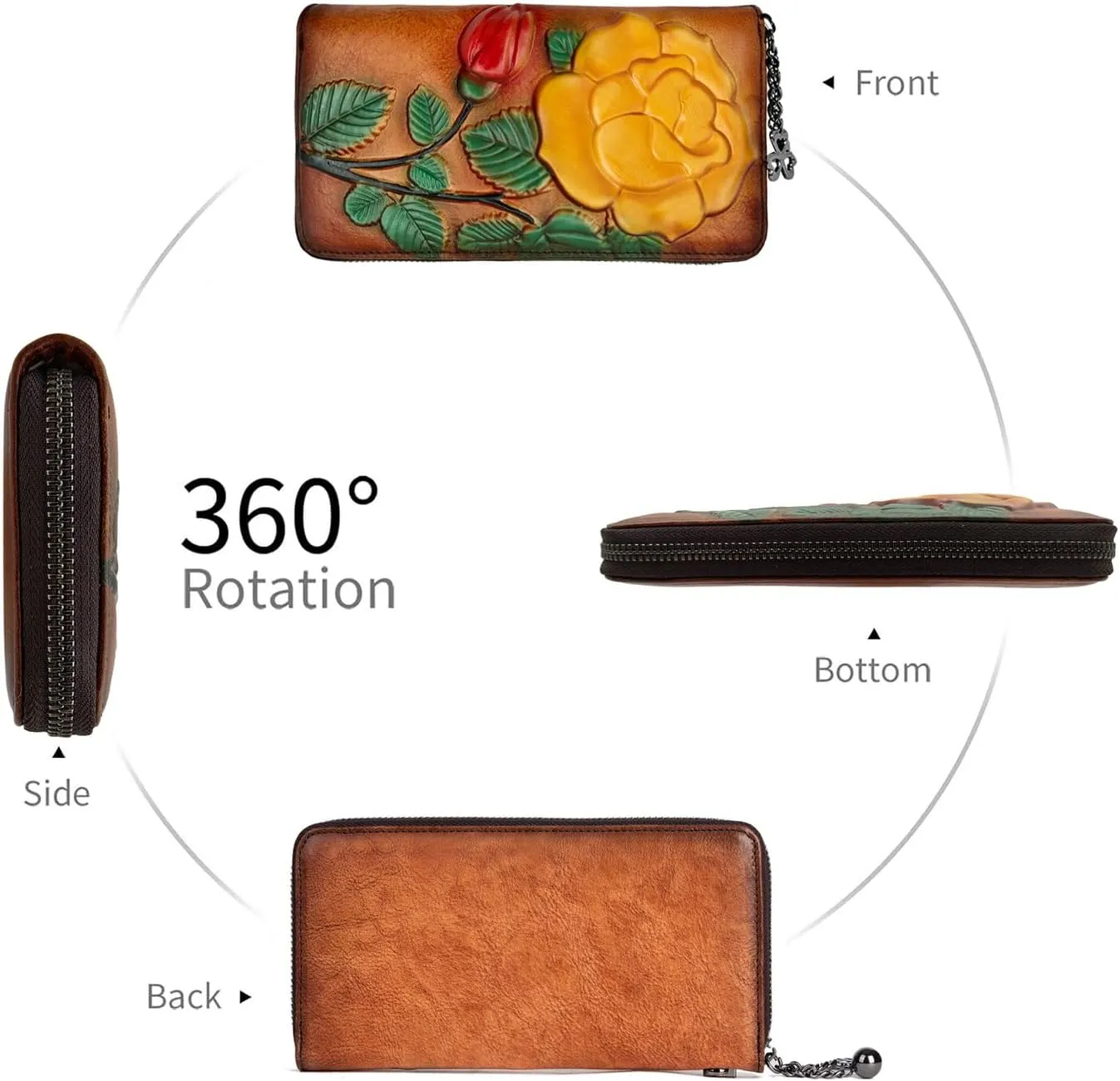 Wallet Genuine Leather for Women - with RFID Blocking Card checkbook ID Slot Large Capacity Vintage style (big rose brown)