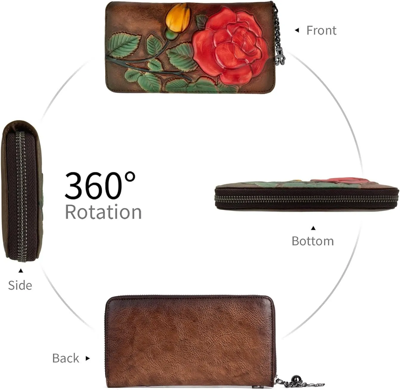 Wallet Genuine Leather for Women - with RFID Blocking Card checkbook ID Slot Large Capacity Vintage style (big rose coffee)